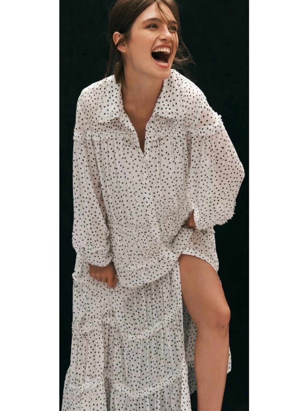 ANTHROPOLOGIE Long Sleeve Smocked Tiered Maxi Dress L White/Black Polka Dot - Picture 7 of 16
